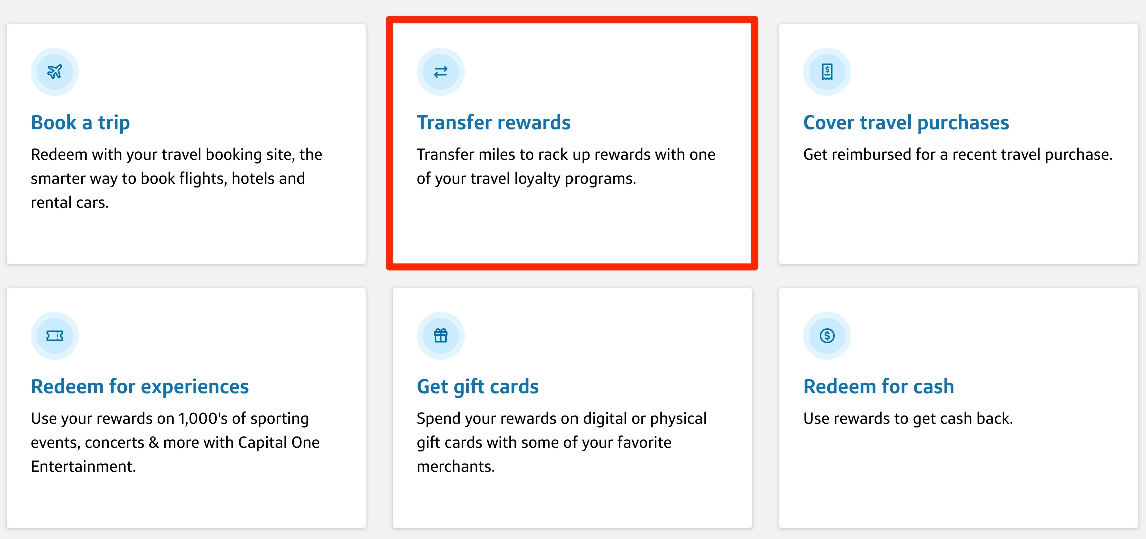 several options to use capital one miles with transfer rewards selected