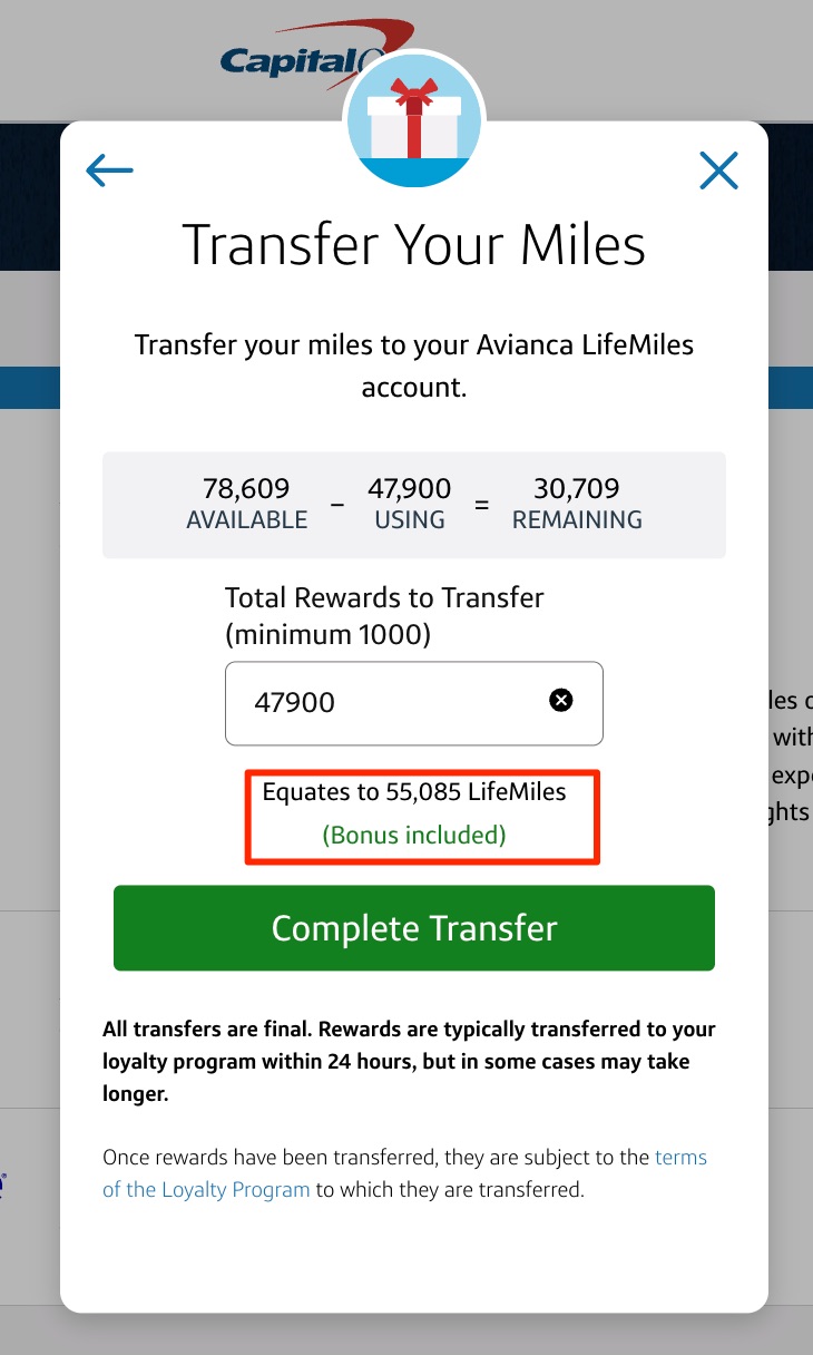 capital one transfer of 47,900 miles