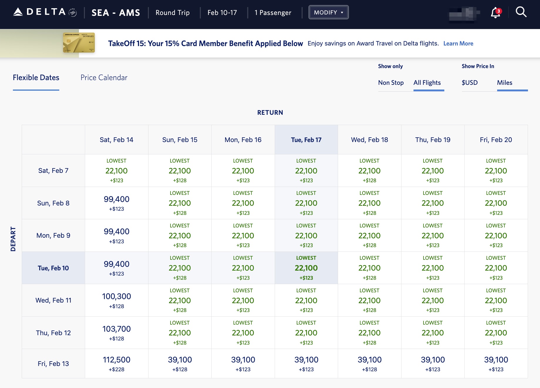 calendar view of fares from seattle to amsterdam on delta.com
