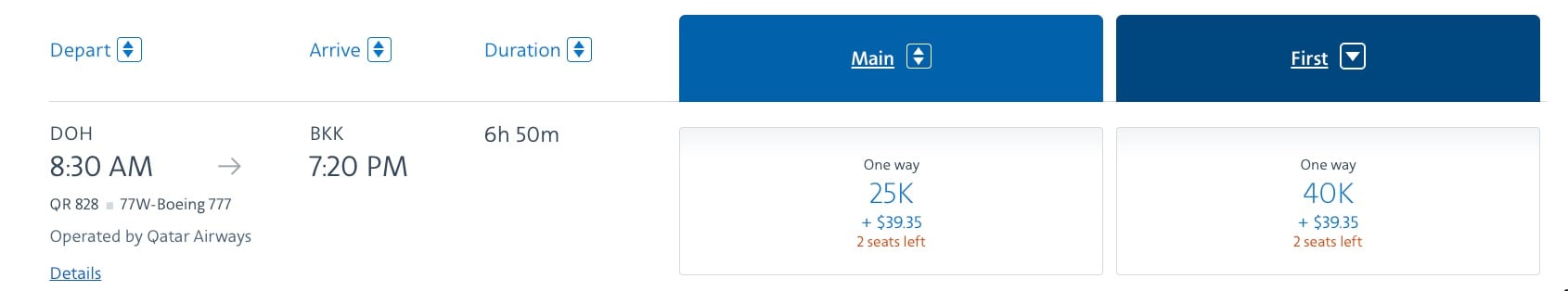 american airlines redemption for 40,000 miles in first class