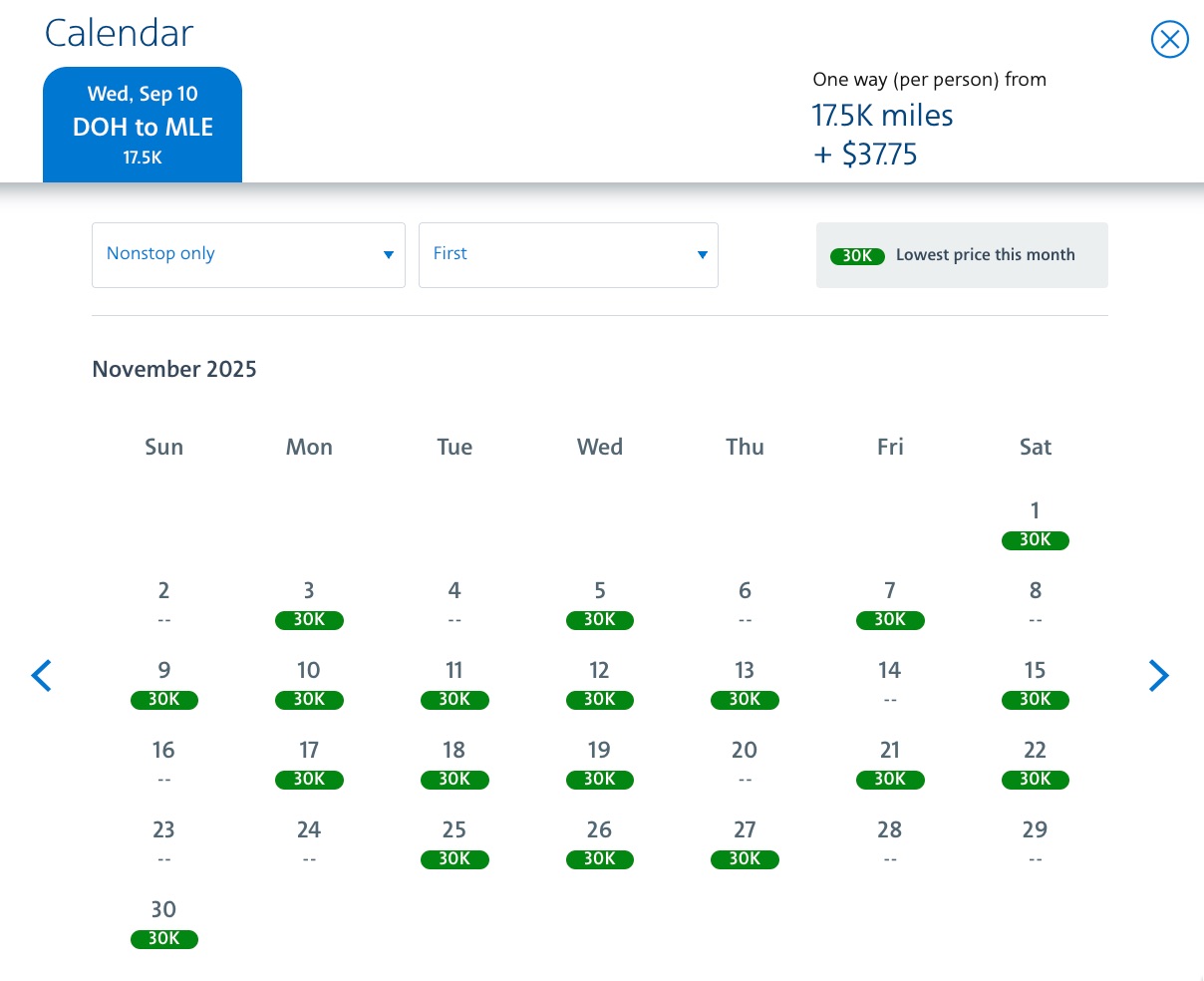 calendar of november flights from doha to male