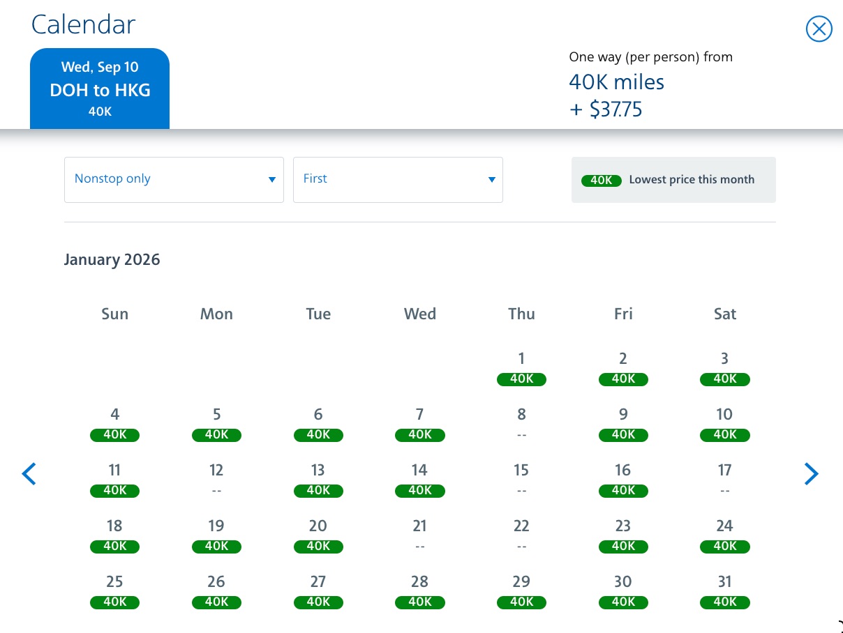 calendar of fares doha to hong kong for 40k