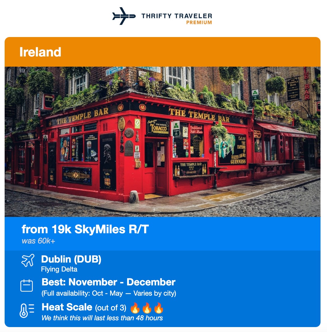 thrifty traveler premium deal to dublin for 19k skymiles
