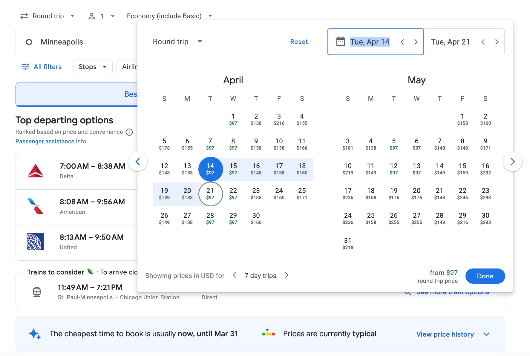 How to Find & Book the Cheapest Flight Every Time 11 google flights calendar from minneapolis to chicago showing cheap dates in green