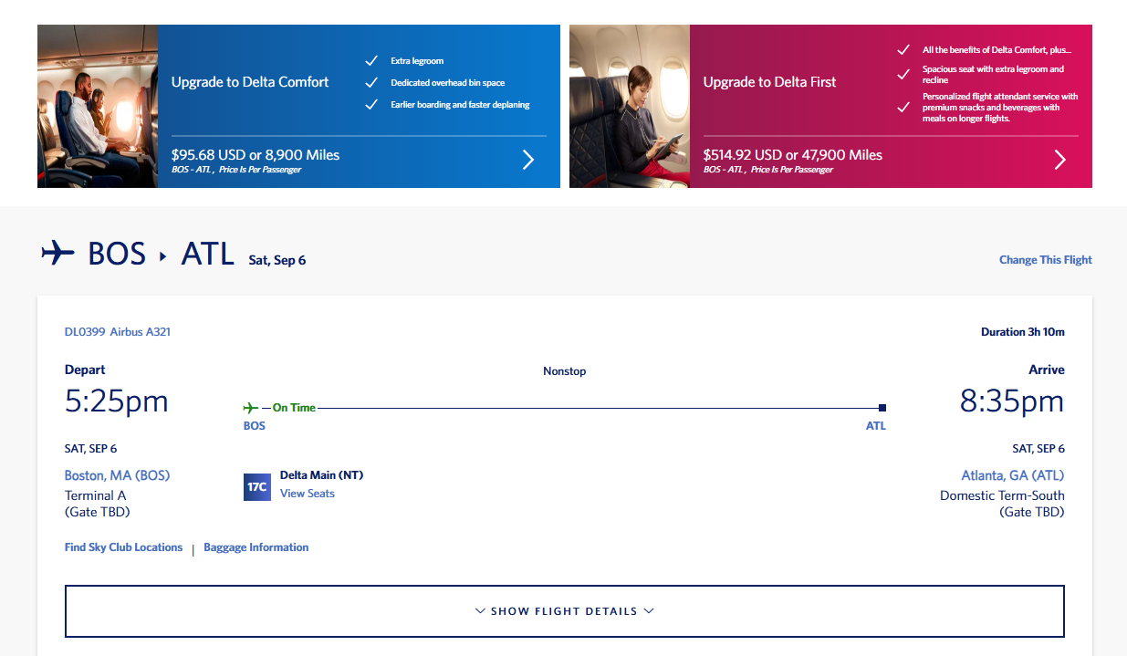 delta upgrade offers for boston atlanta