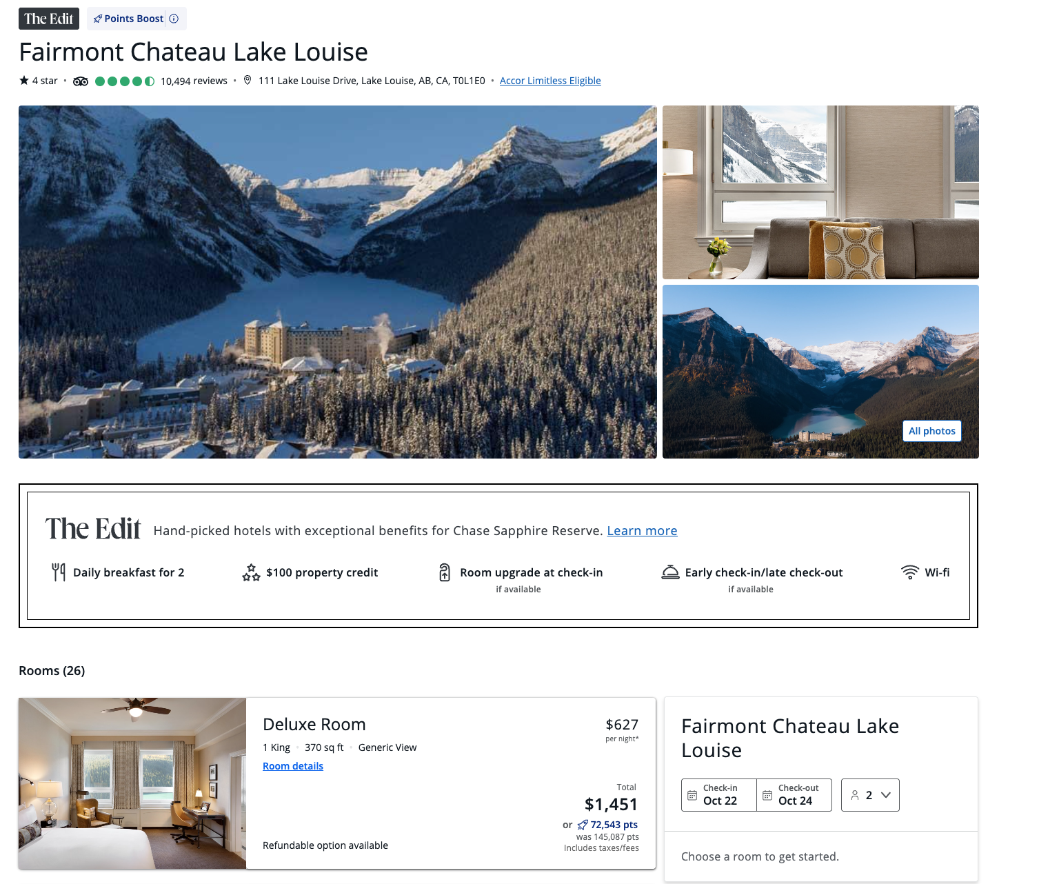 Fairmont Chateau Lake Louise hotel booking through Chase's The Edit