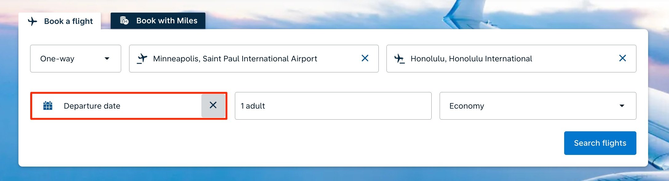 KLM search with departure date in red