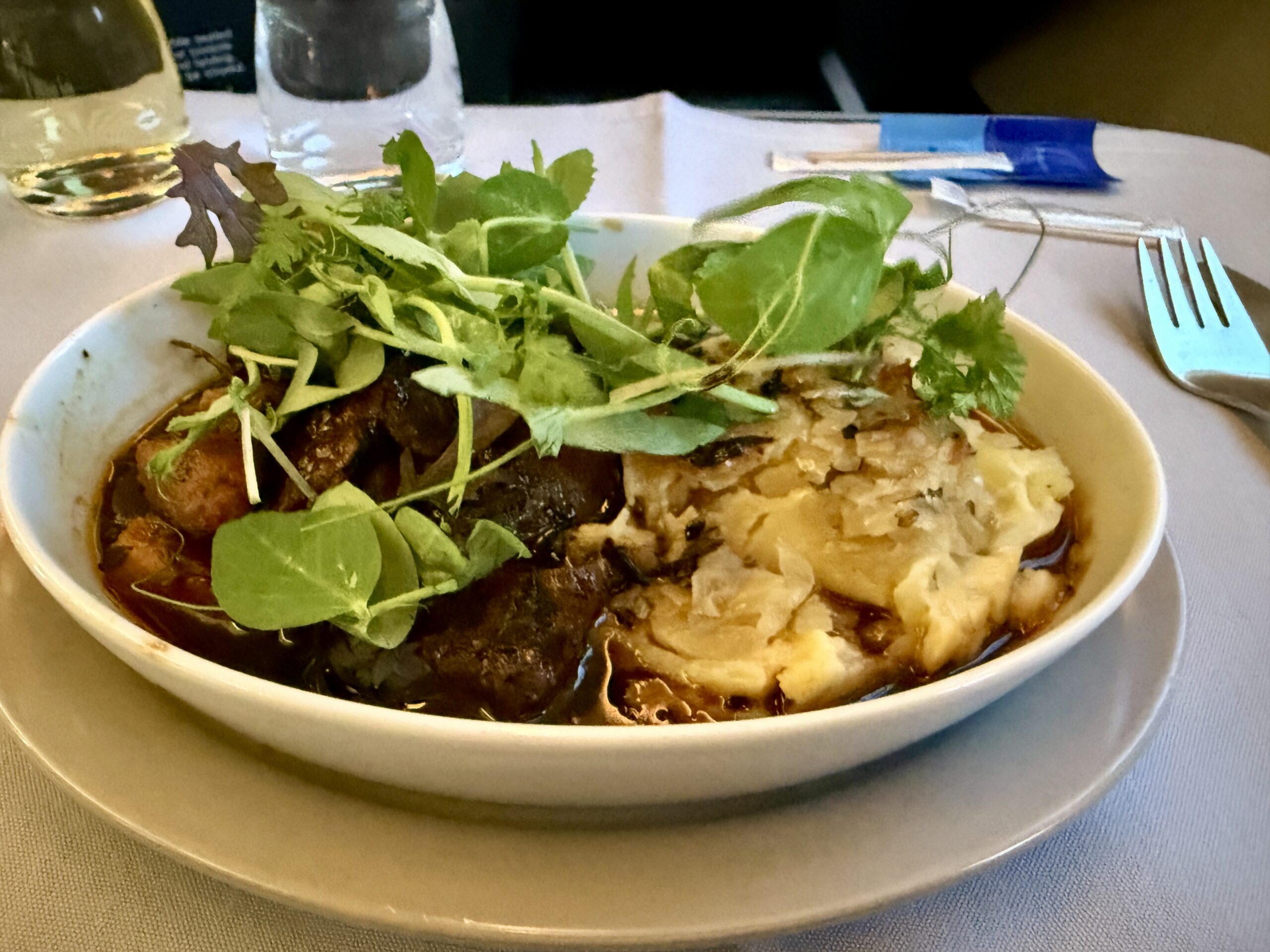 beef dish on a plane covered with leafy greens
