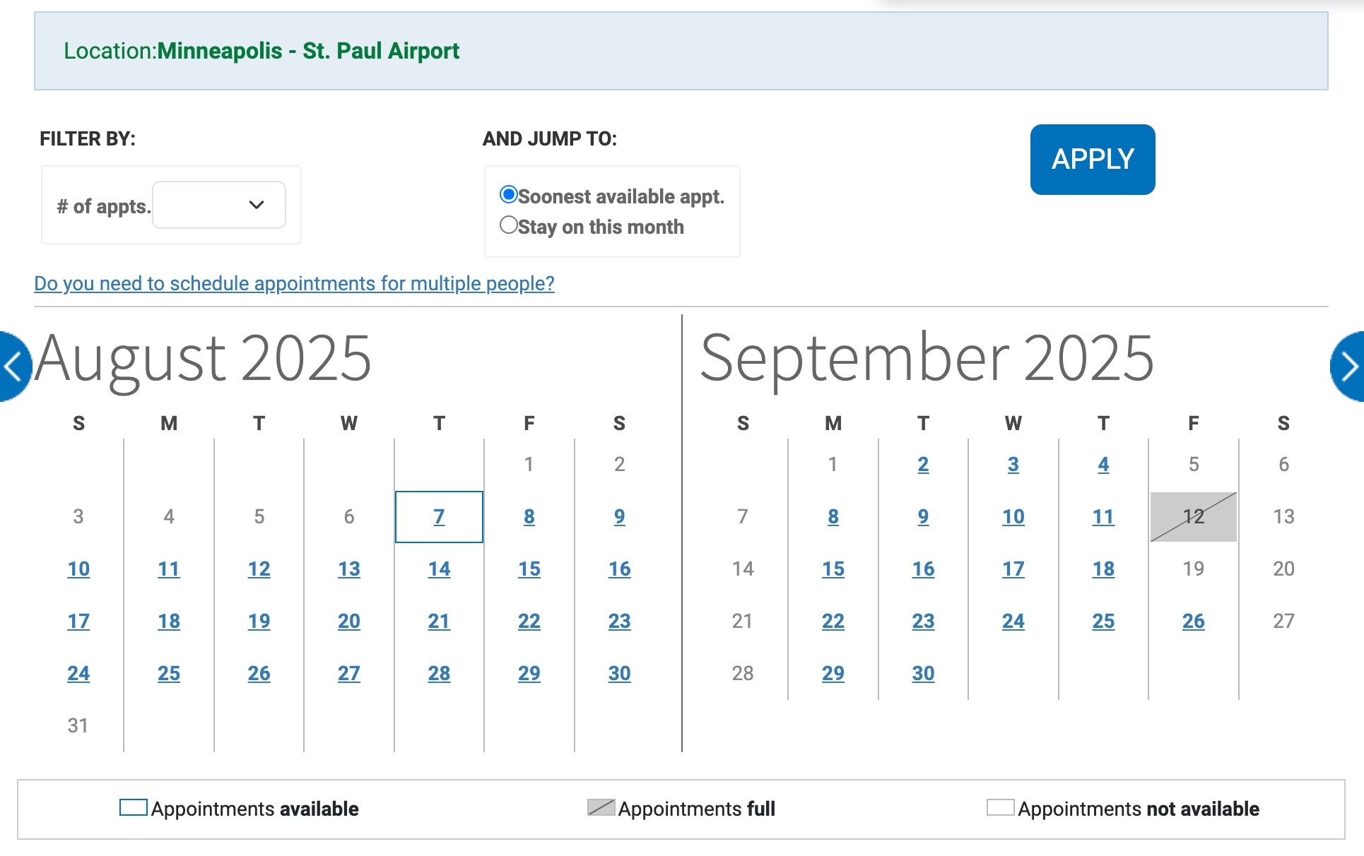 minneapolis global entry calendar for august and september