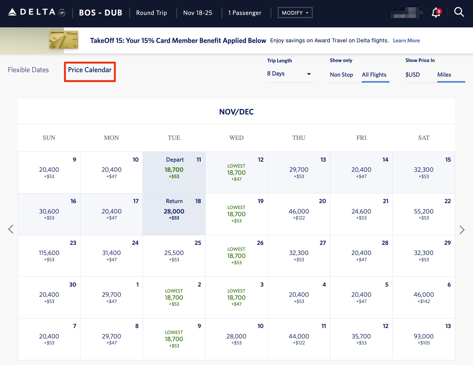 delta price calendar selected showing 18,700 skymiles
