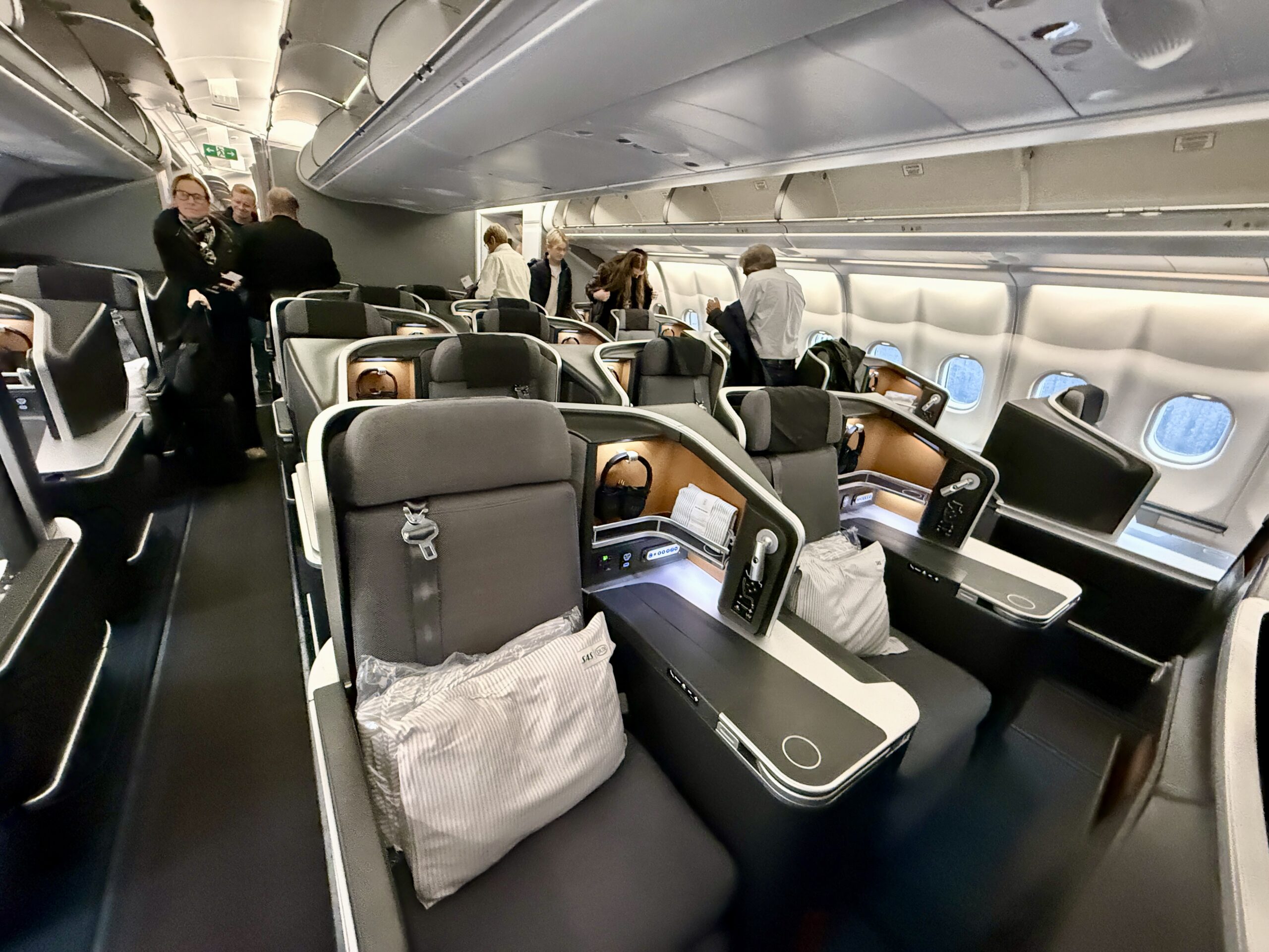 passengers standing in a business class cabin