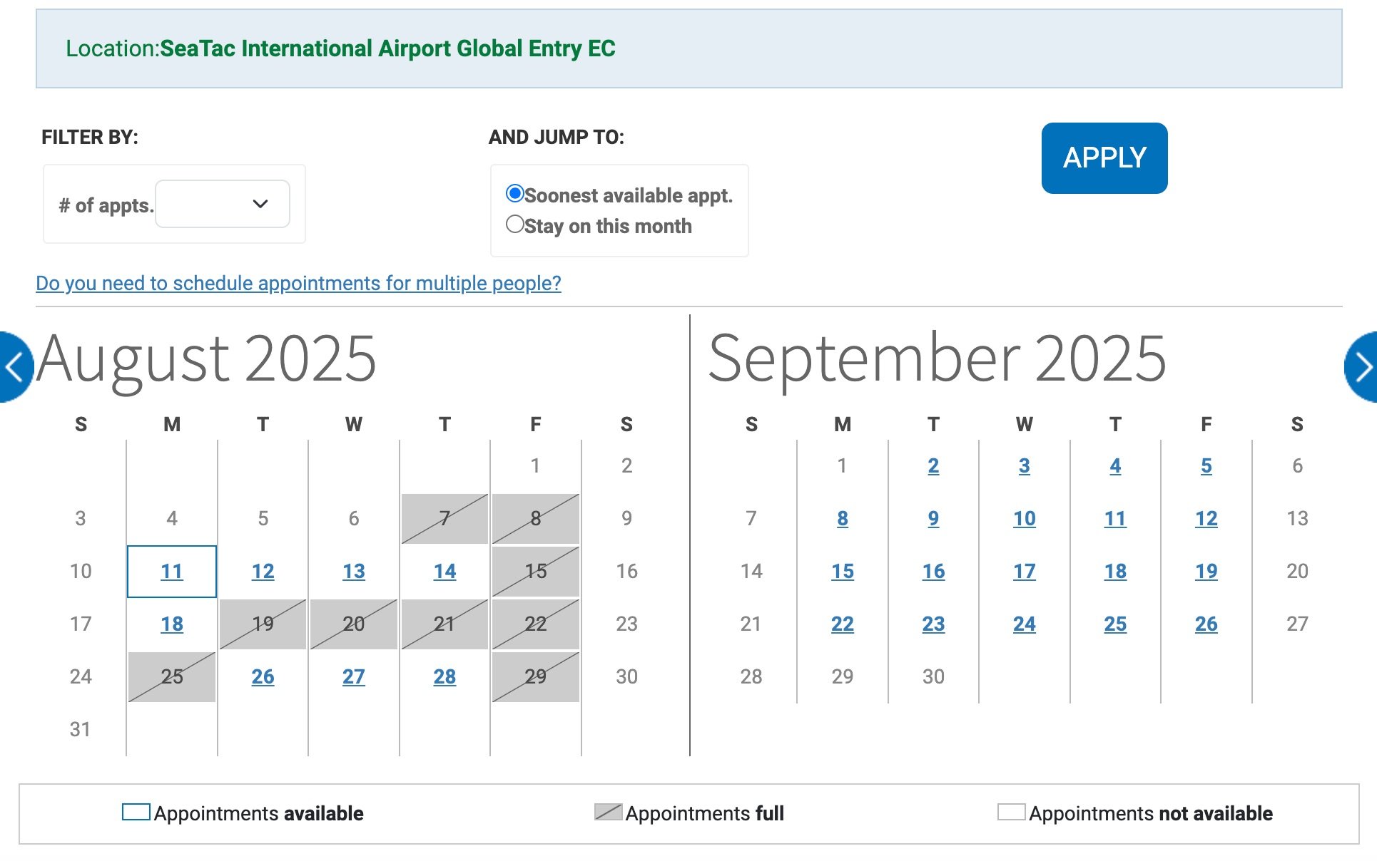 seattle global entry appointment calendar for august and september