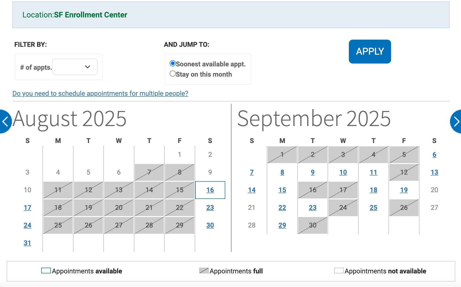 san francisco global entry calendar for august and september