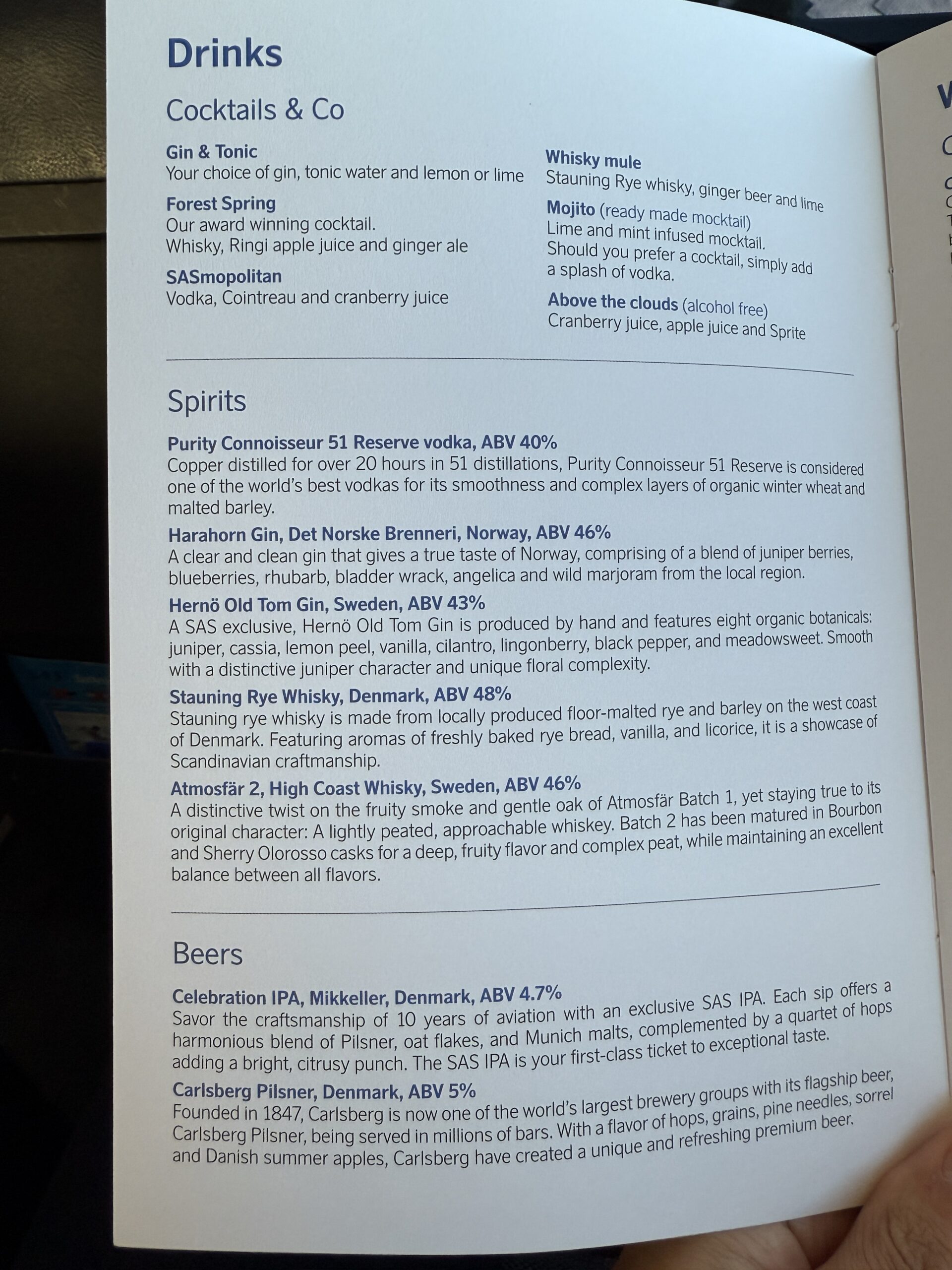 menu of cocktails, spirits, and beers