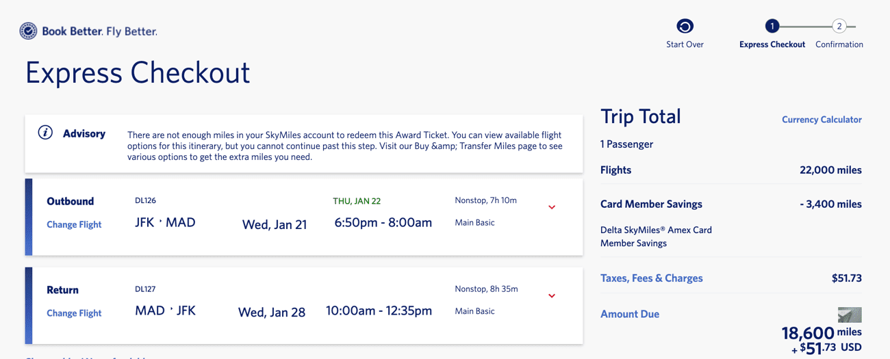 delta flght from new york to madrid for 18,600 skymiles