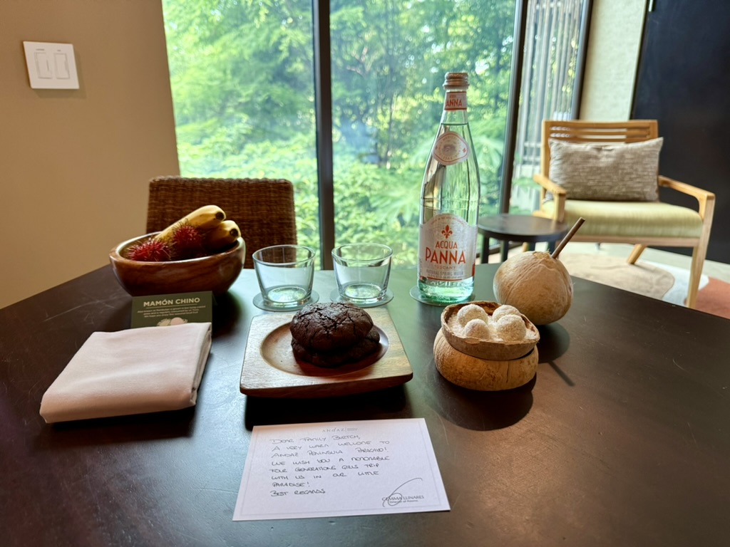 Welcome amenity of water, fruit, and coconut balls at the Andaz Peninsula Papagayo
