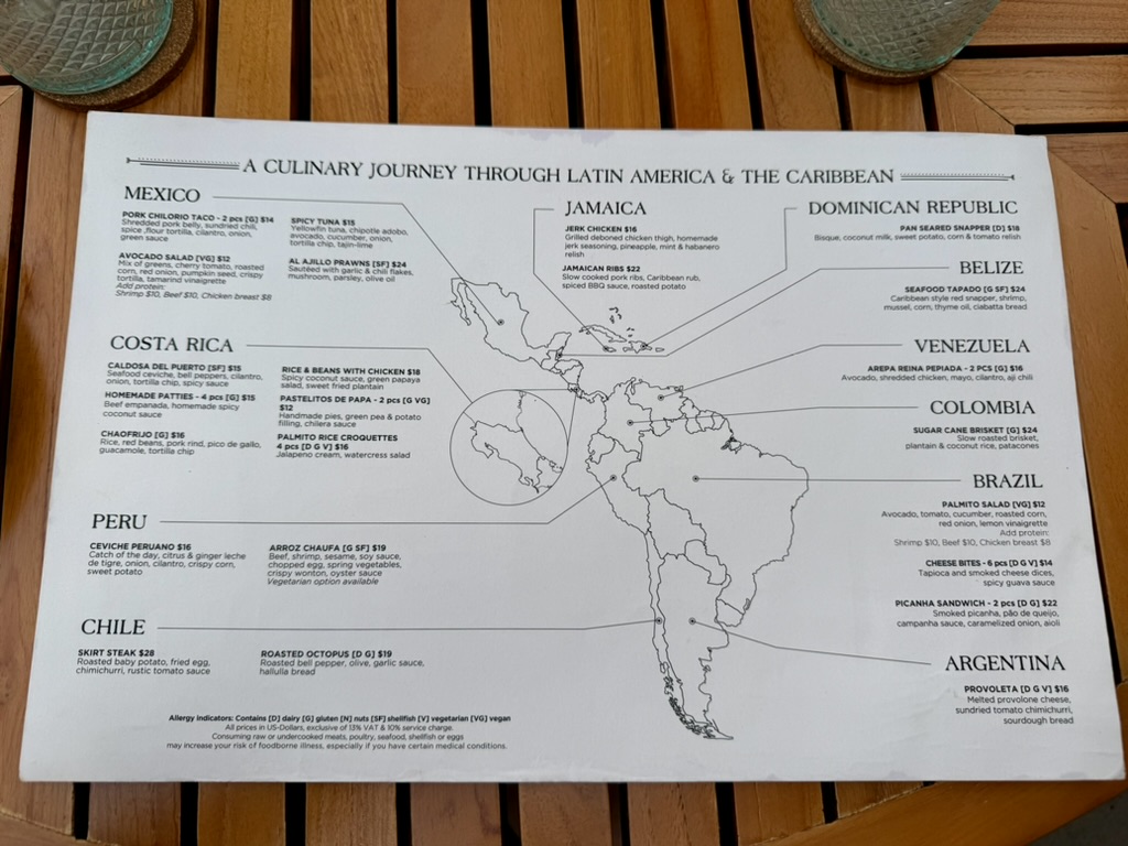 A map of Latin America on the menu at Chao Pescao restaurant.