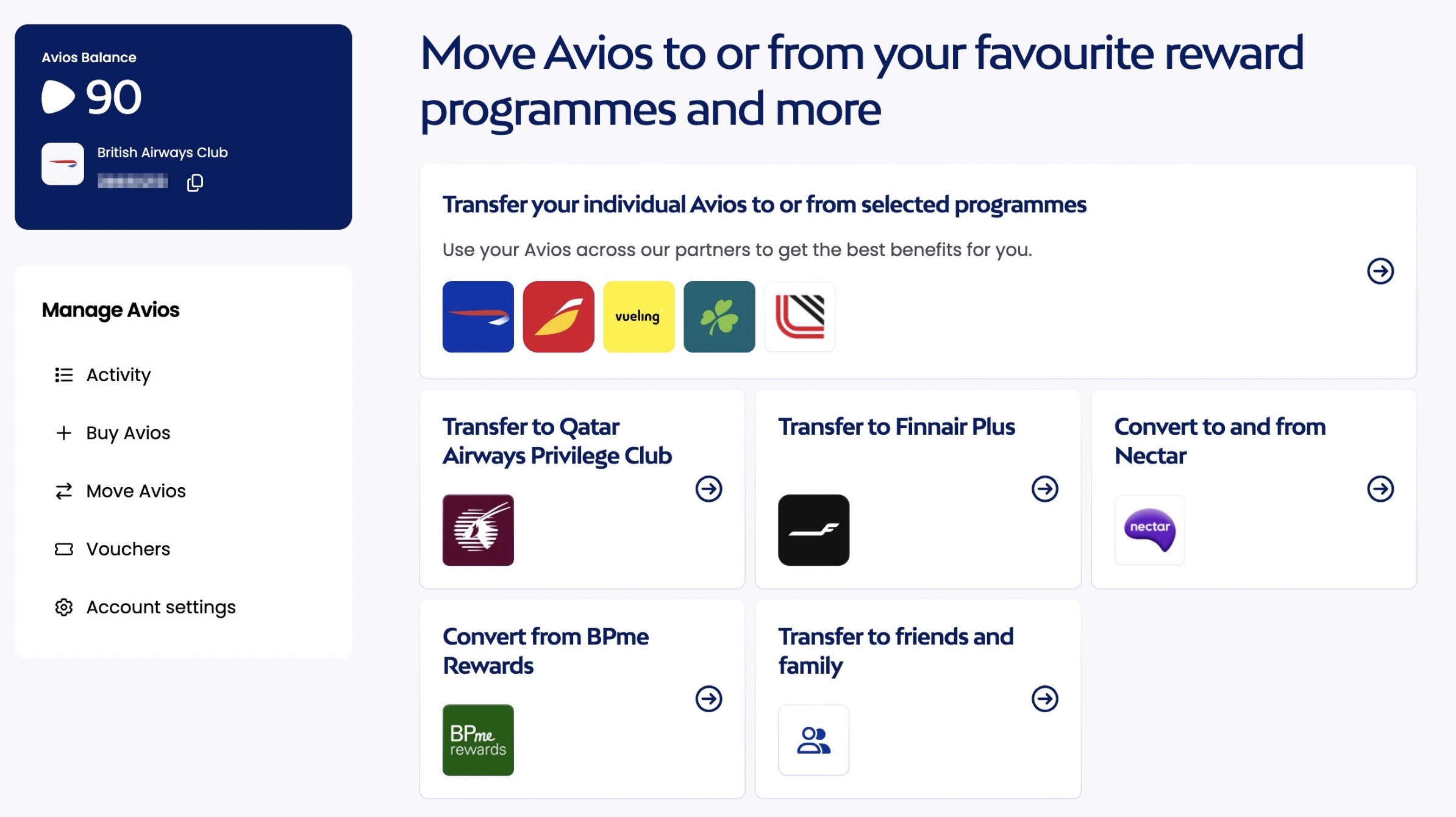 The main Avios page