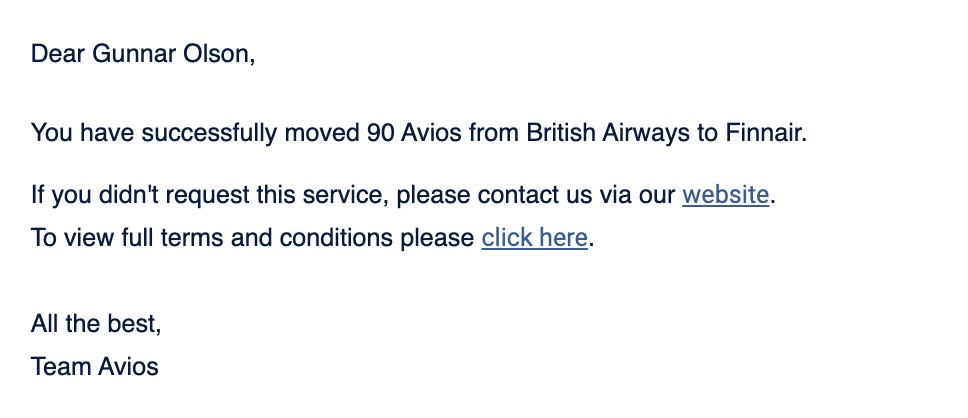 Confirmation email from Avios.com