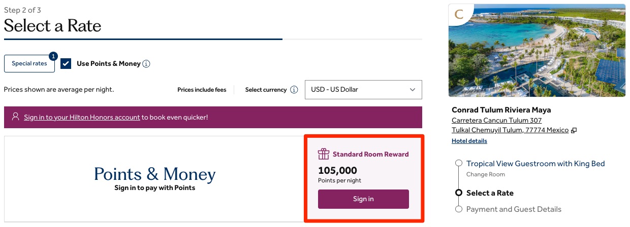 Conrad Tulum award booking for 105,000 Points Per Night