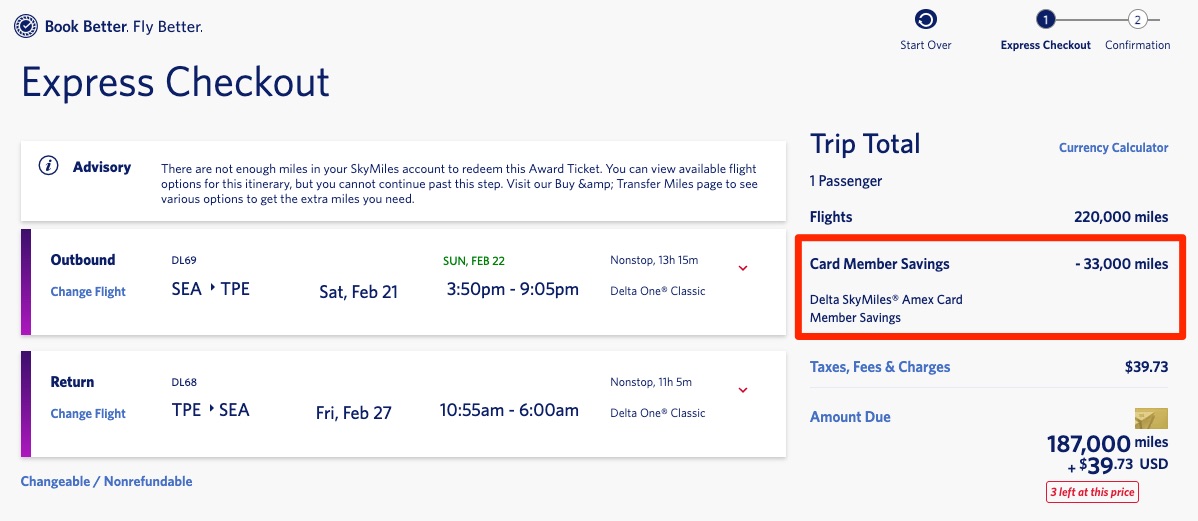 TakeOff 15: How to Save When Redeeming SkyMiles with a Delta Credit Card 2 Checkout screen for a roundtrip Delta One award from SEA-TPE with 33,000 SkyMile card member savings (TakeOff15) applied.