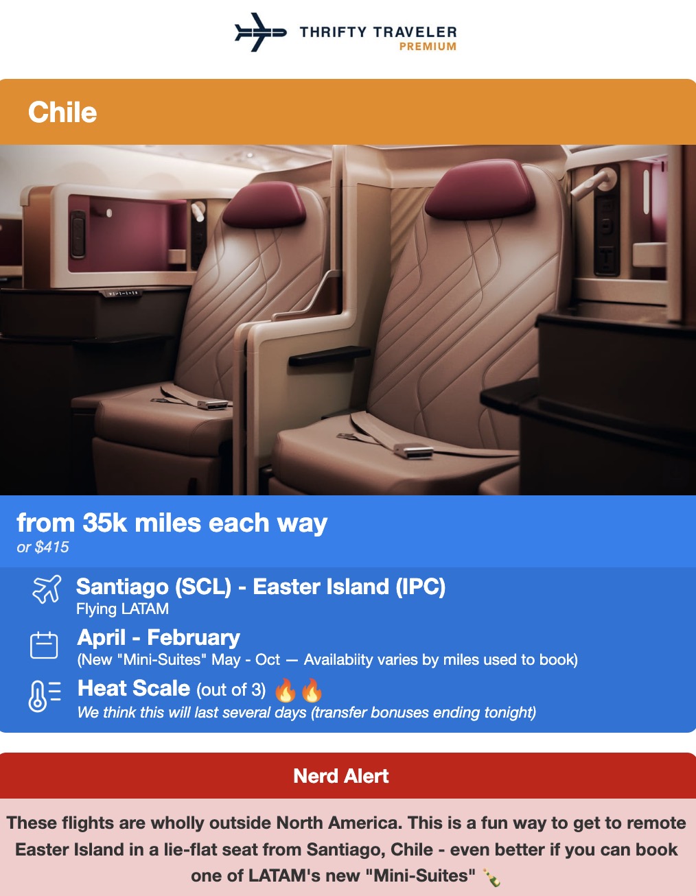 A business class flight deal to Easter Island from Santiago, Chile