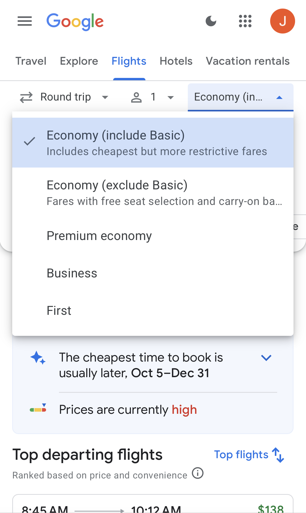Basic economy filter on mobile search for Google Flights