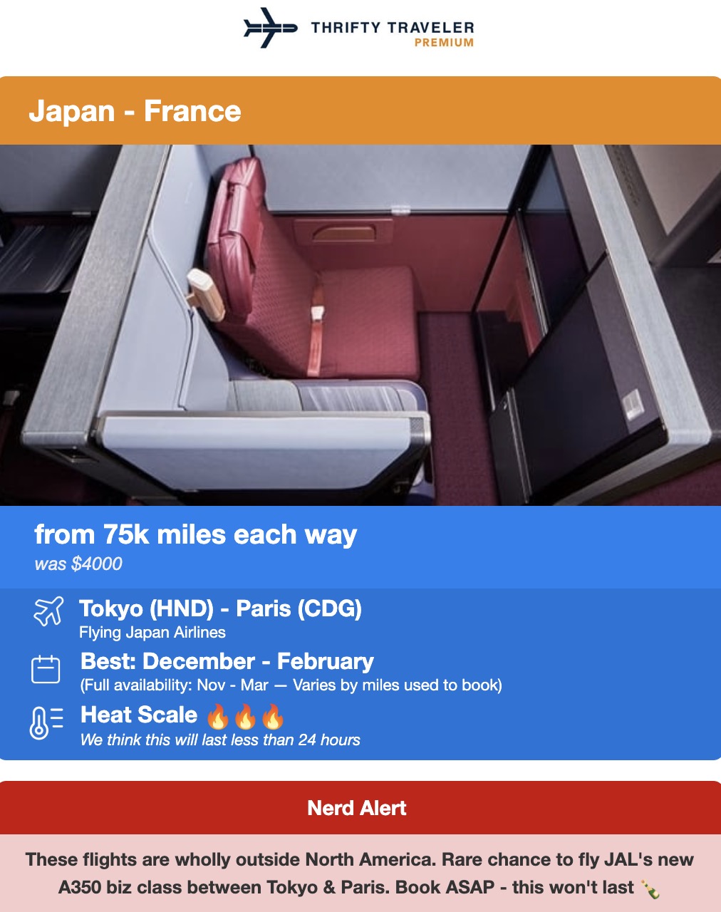 Japan Airlines Business Class flight deal from Tokyo to Paris