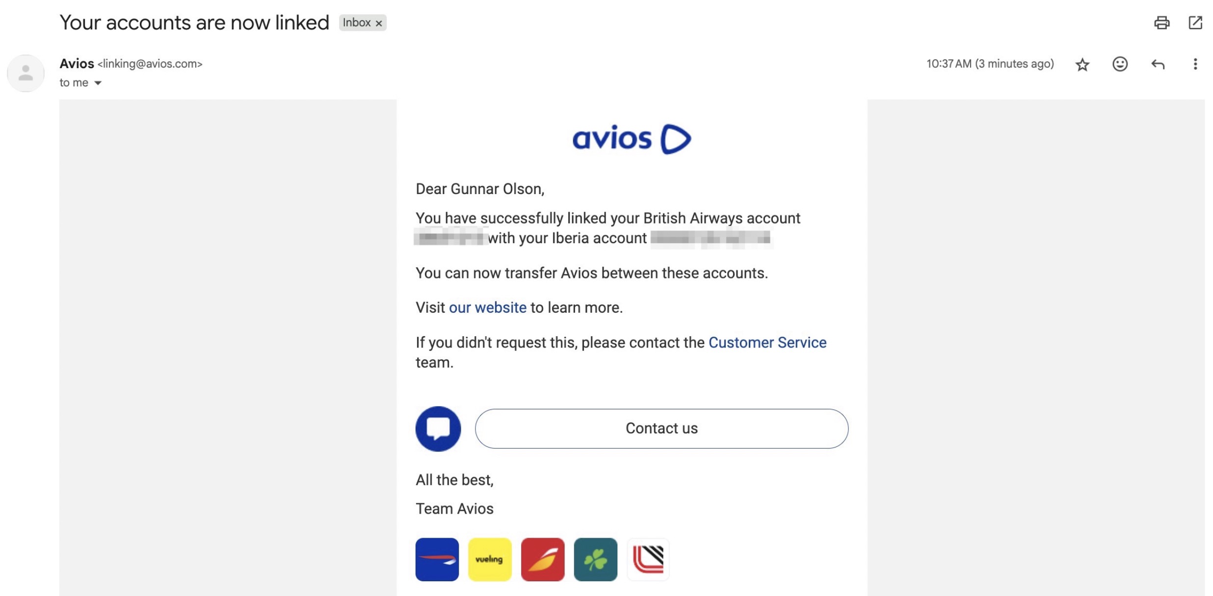 Linked accounts email from Avios.com