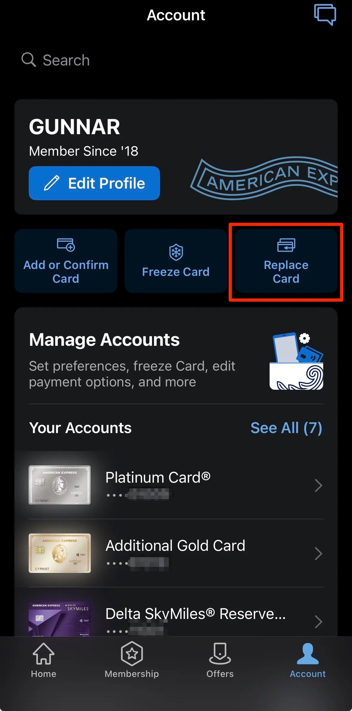 Amex app "Replace a card" button highlighted