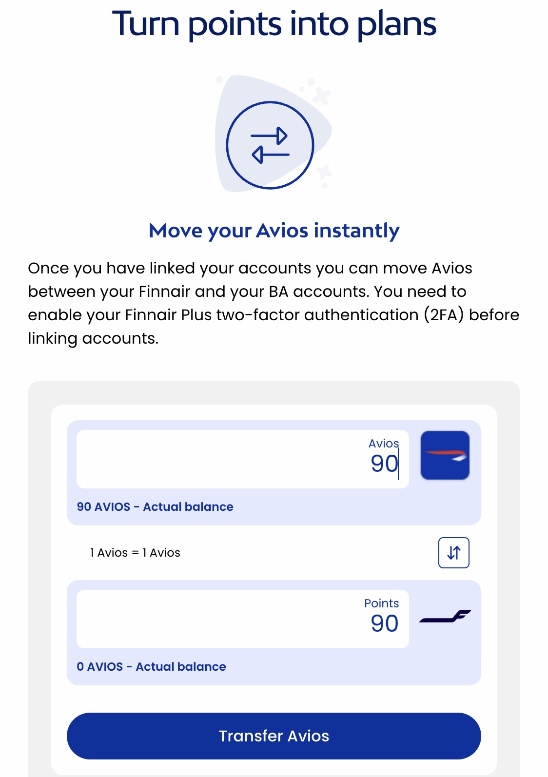 Move points instantly page on Avios.com