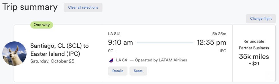 Easter Island flight deal for 35,000 points each way. 