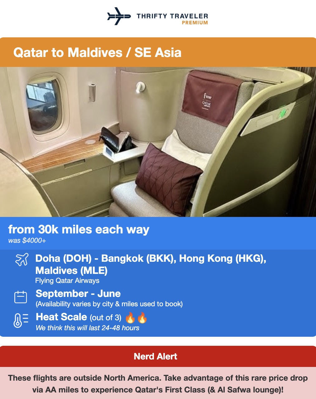 Qatar Airways First Class to Bangkok, Hong Kong, and Maldives