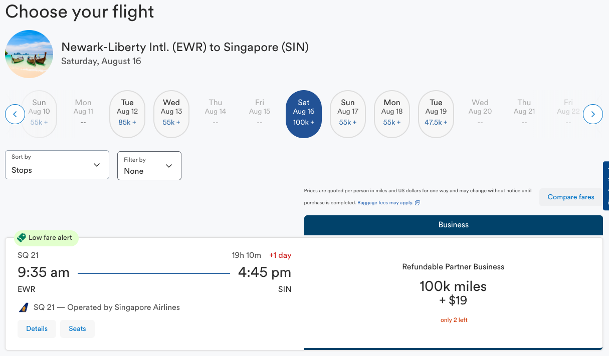 Alaska award on Singapore Airlines from EWR-SIN for 100,000 miles one way in business class.