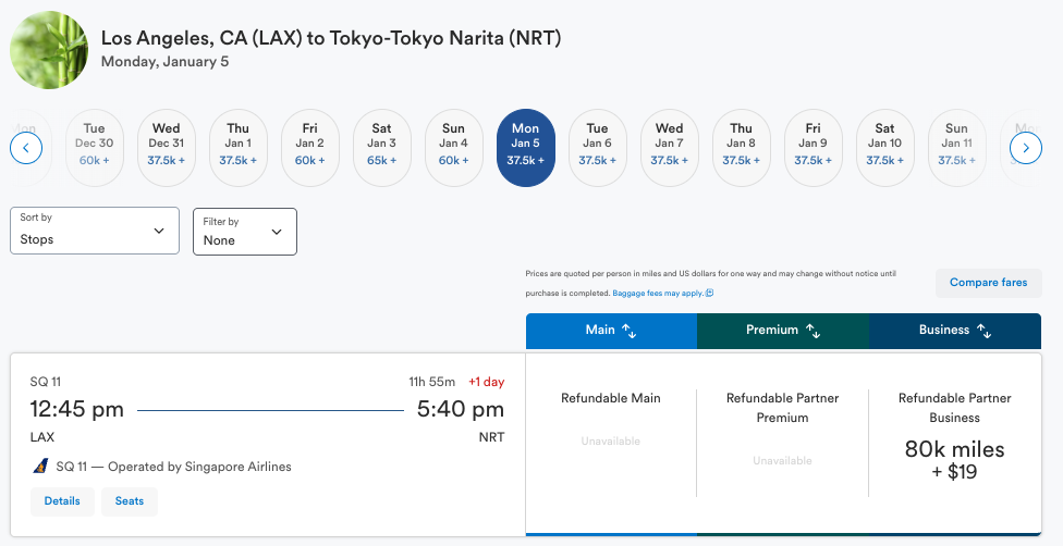 Alaska award on Singapore Airlines from LAX-NRT for 80,000 miles one way in business class.