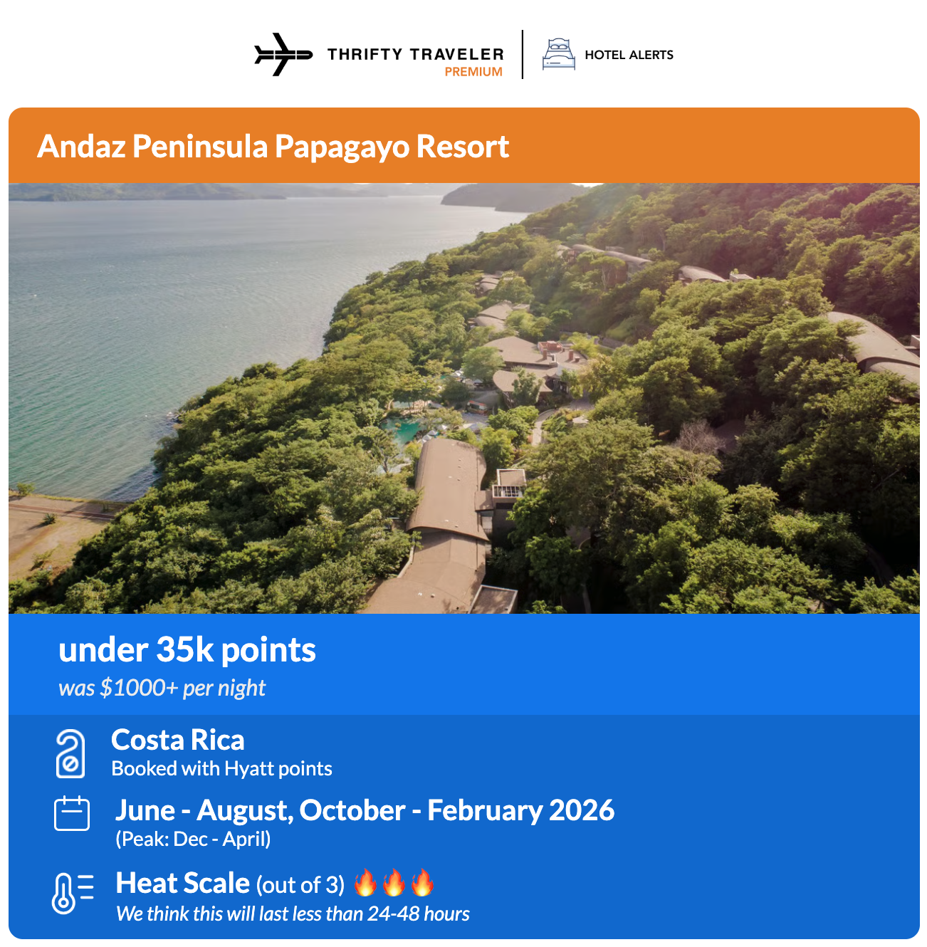 Thrifty Traveler Premium+ hotel alert for the Andaz Peninsula Papagayo Resort for 35,000 Hyatt points per night.