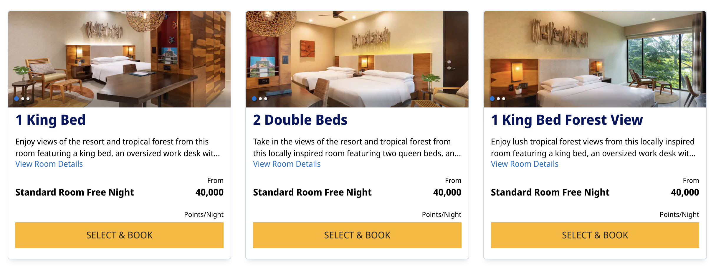1 King Bed, 2 Double Beds, and 1 King Bed Forest View room options at Andaz Peninsula Papagayo for 40,000 points per night.