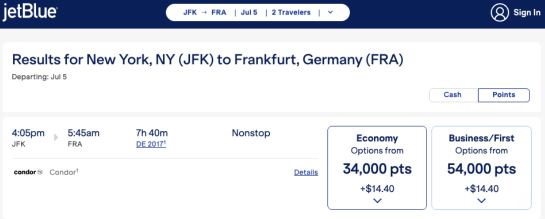 JetBlue points to Germany fare from 54,000 in biz class