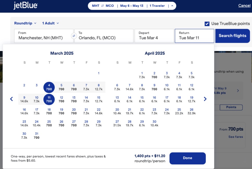 JetBlue True Blue points calendar with 700-point flights