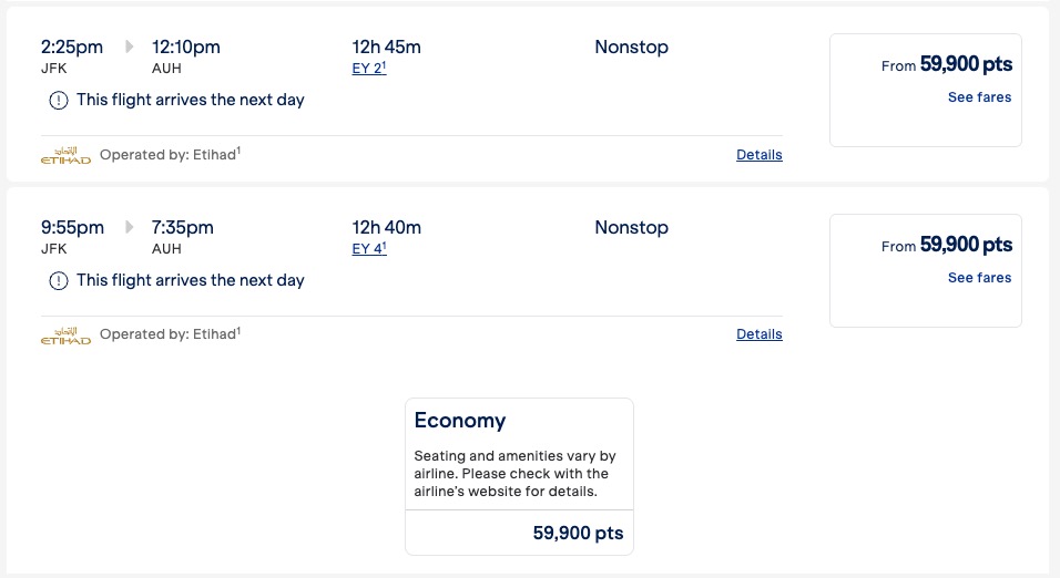 JFK AUH flights bookable with TrueBlue points