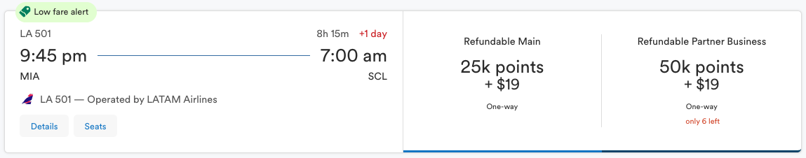 LATAM business class award from Miami (MIA) to Santiago (SCL) for 50,000 miles one way