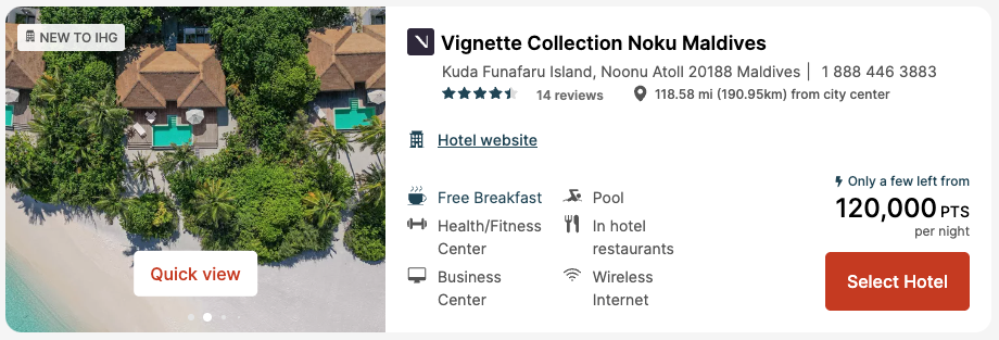 Vignette Collection Maldives award booking for 120,000 points per night.