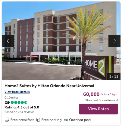 Home2Suites by Hilton Orlando for 60,000 points per night.