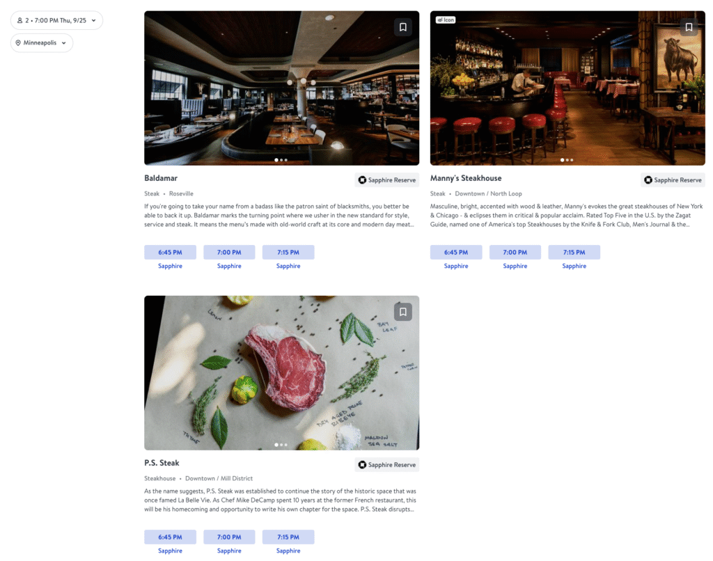 Sapphire Reserve exclusive tables in Minneapolis bookable through Open Table