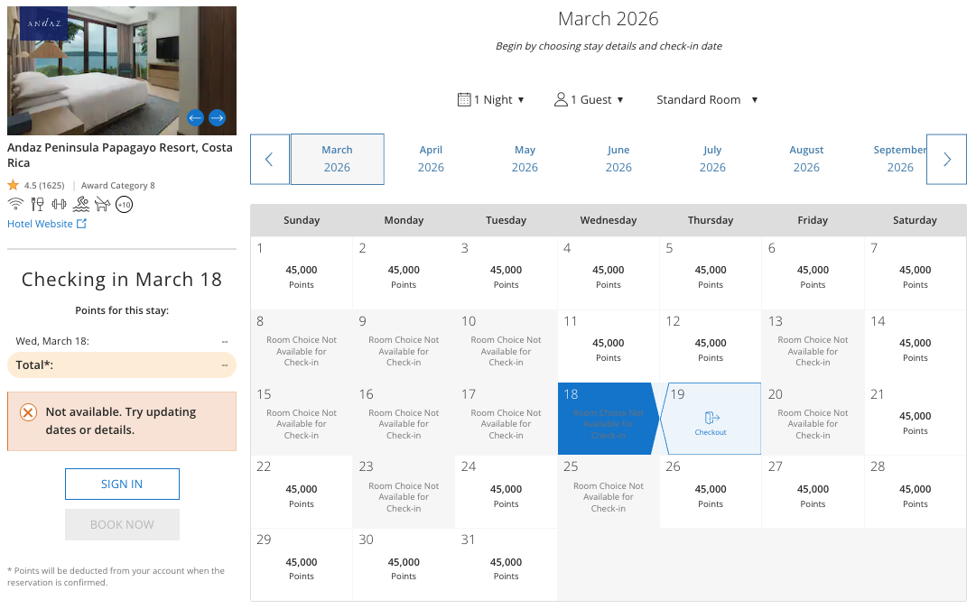 Andaz Peninsula Papagayo award availability for March 2026