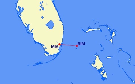 Quick Getaway: American Airlines' New 64-Mile Flight to Paradise 1 Miami to Bimini flight on the map, clocking in at just 64 miles.