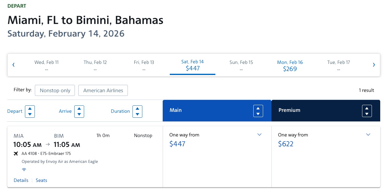 MIA-BIM airfare on American Airline's website