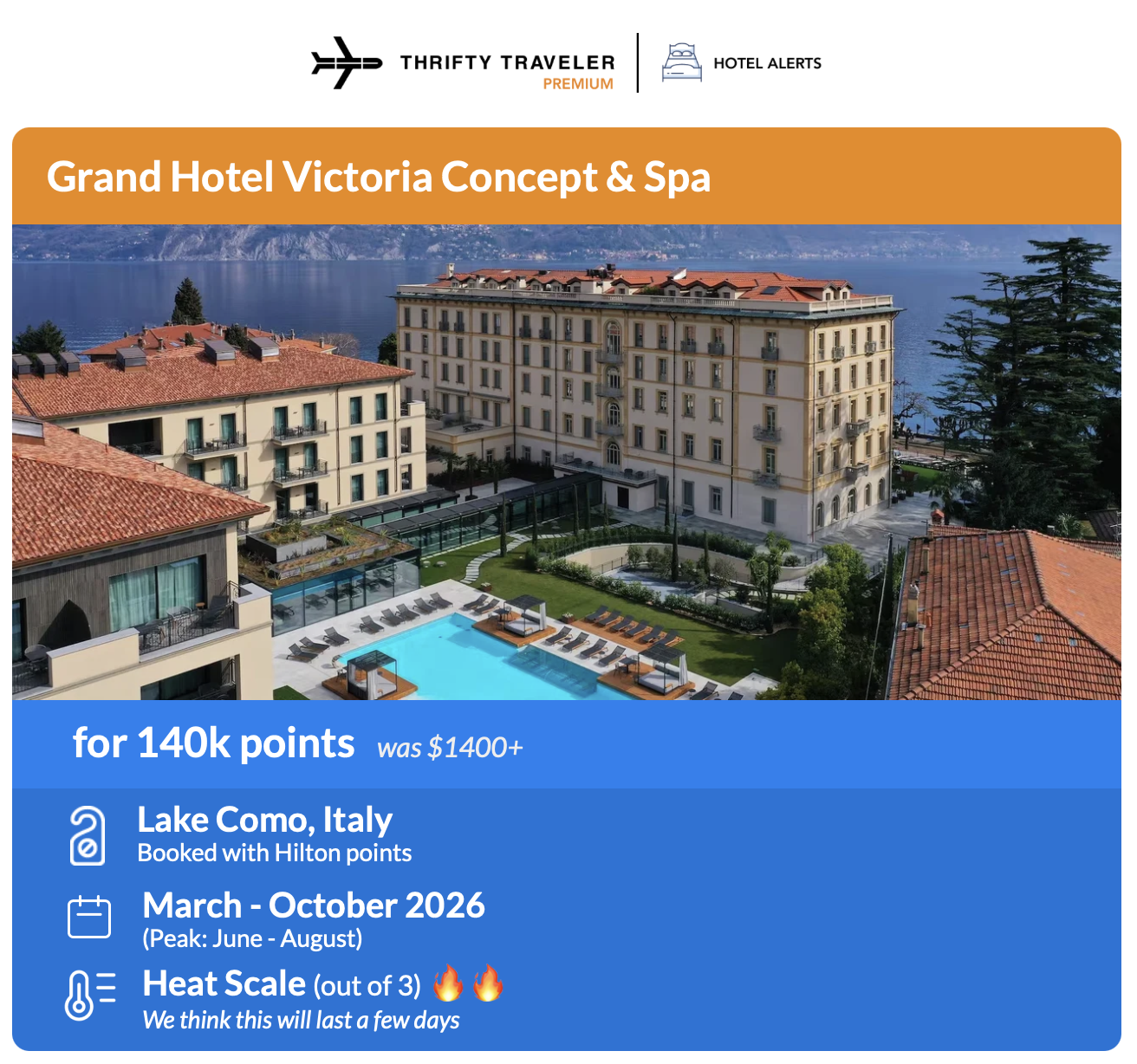Thrifty Traveler Premium+ alert for the Grand Hotel Victoria Concept & Spa for 140,000 points per night.