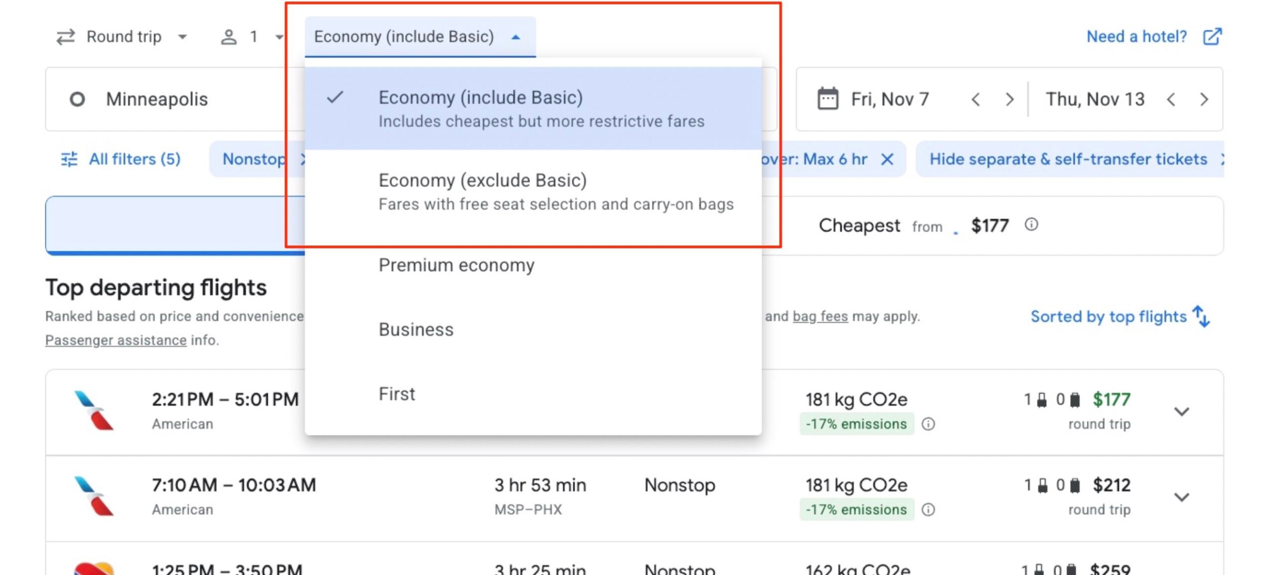 Google flights basic economy filter