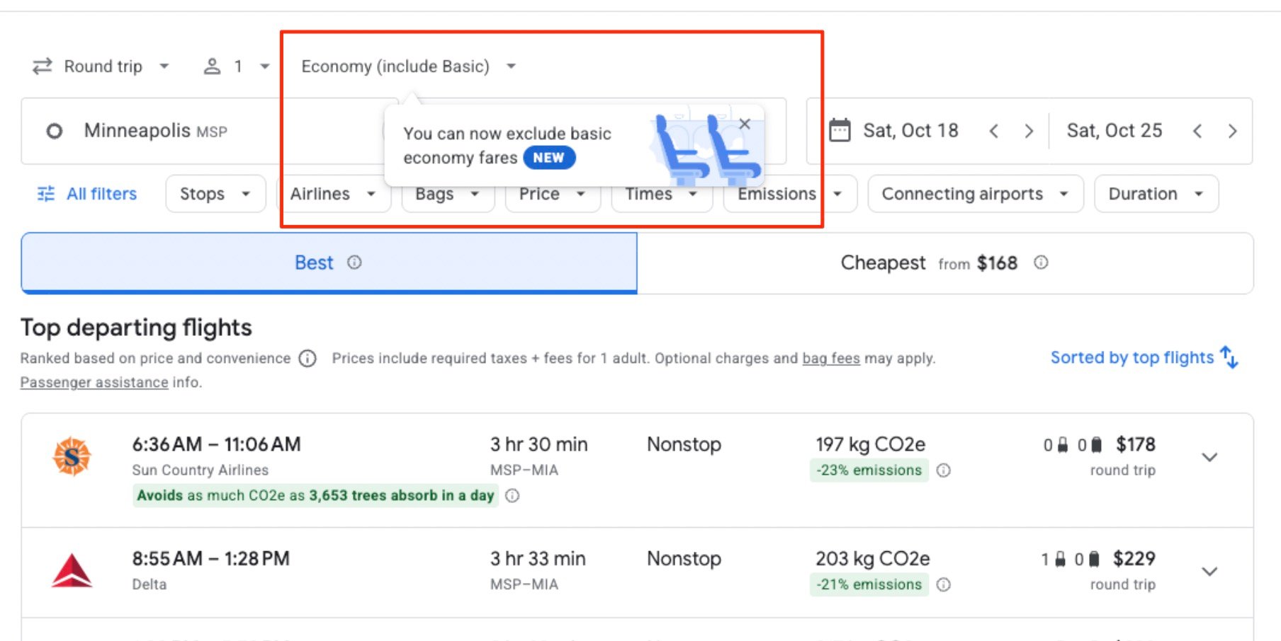 Basic economy filter pop-up on Google FLights